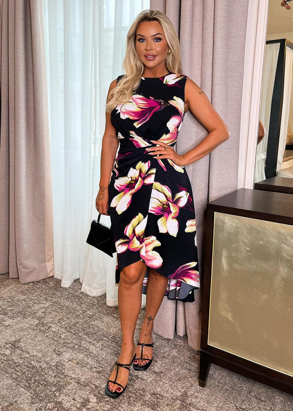 AX Paris Black Floral Print Gathered Midi Dress With Shoulder Pads