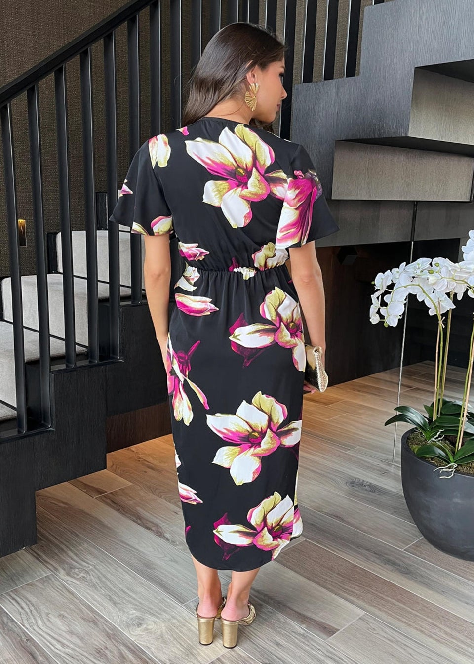 AX Paris Black Floral Print Short Sleeve Ring Detail Wrap Midi Dress