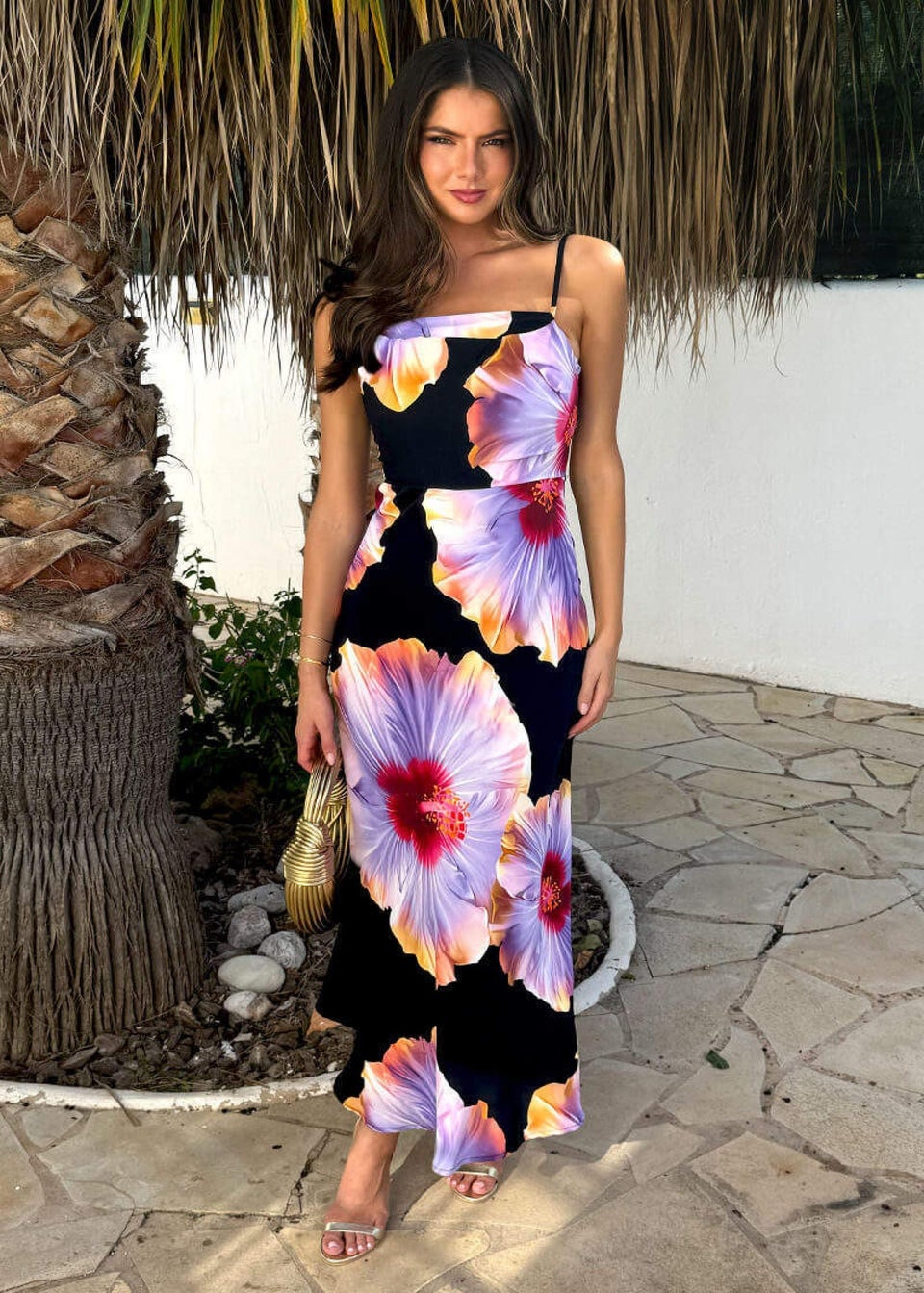 AX Paris Black And Lilac Floral Print Strappy Slip Midi Dress