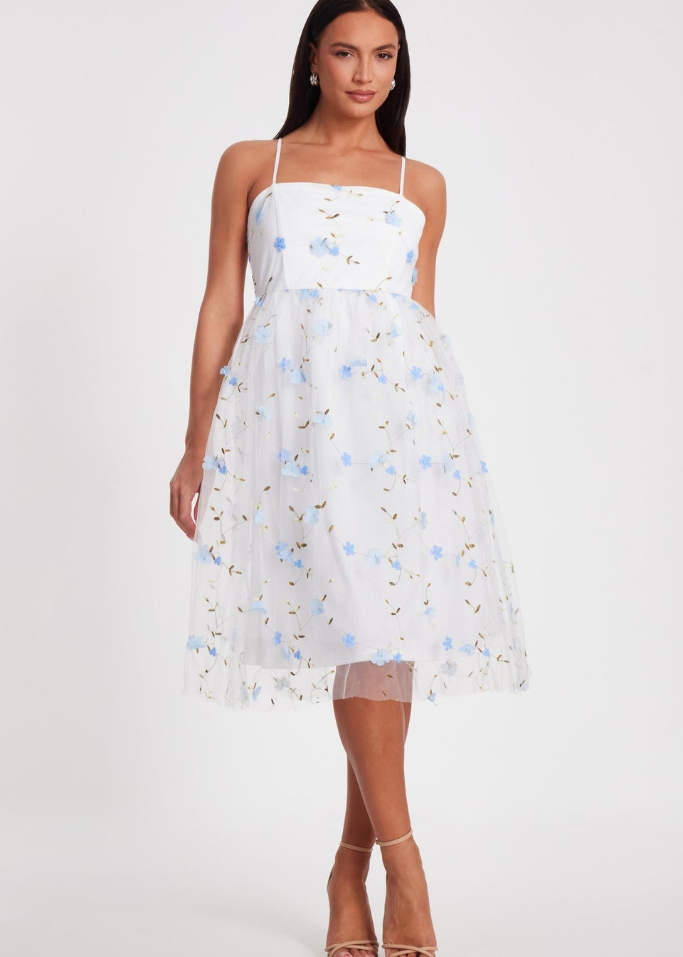 Quiz White Embroidered Floral Midi Dress