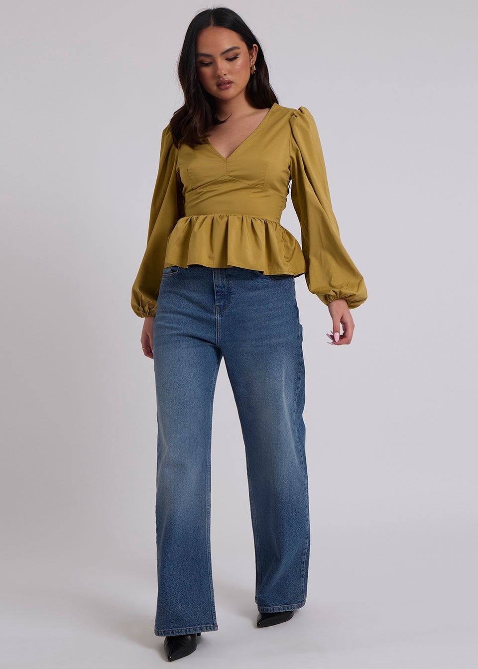 Urban Bliss Olive Puff Sleeve Peplum Top