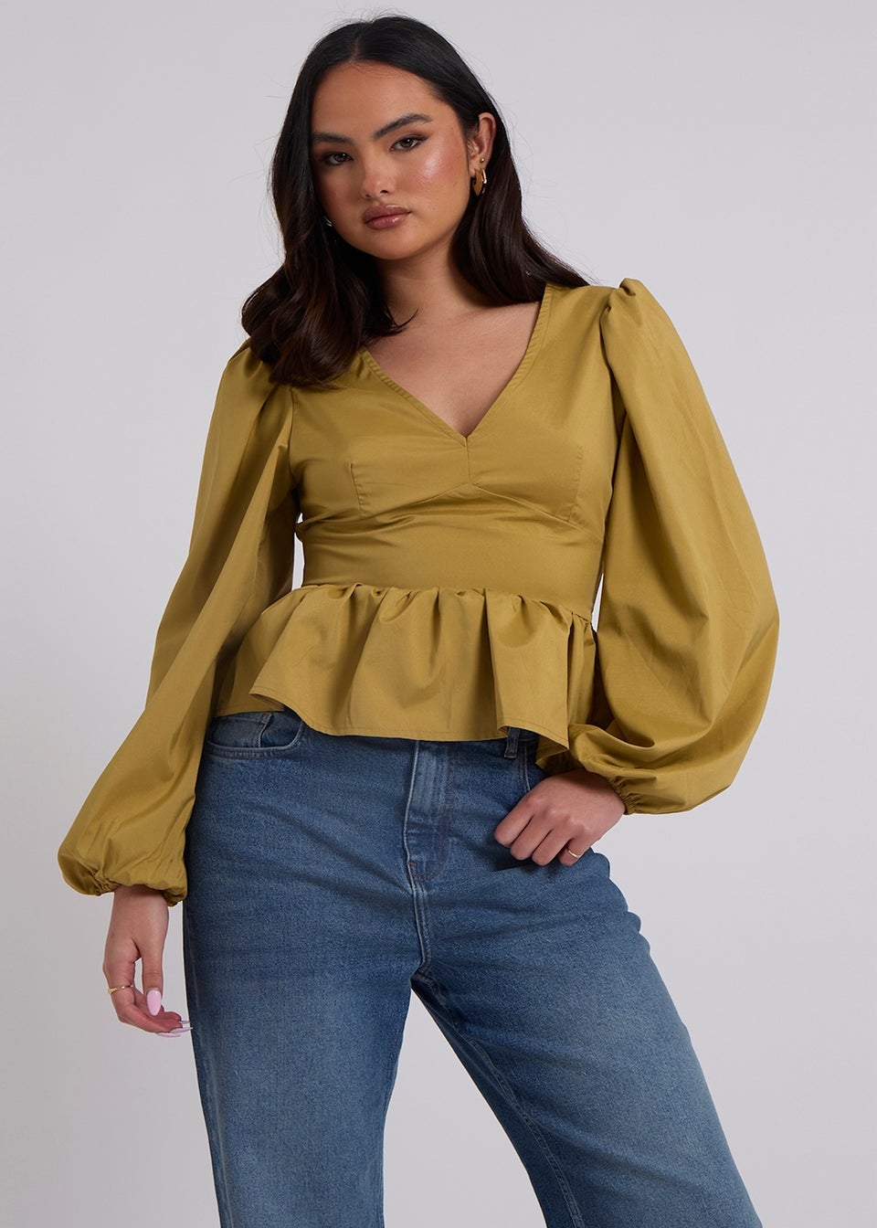 Urban Bliss Olive Puff Sleeve Peplum Top