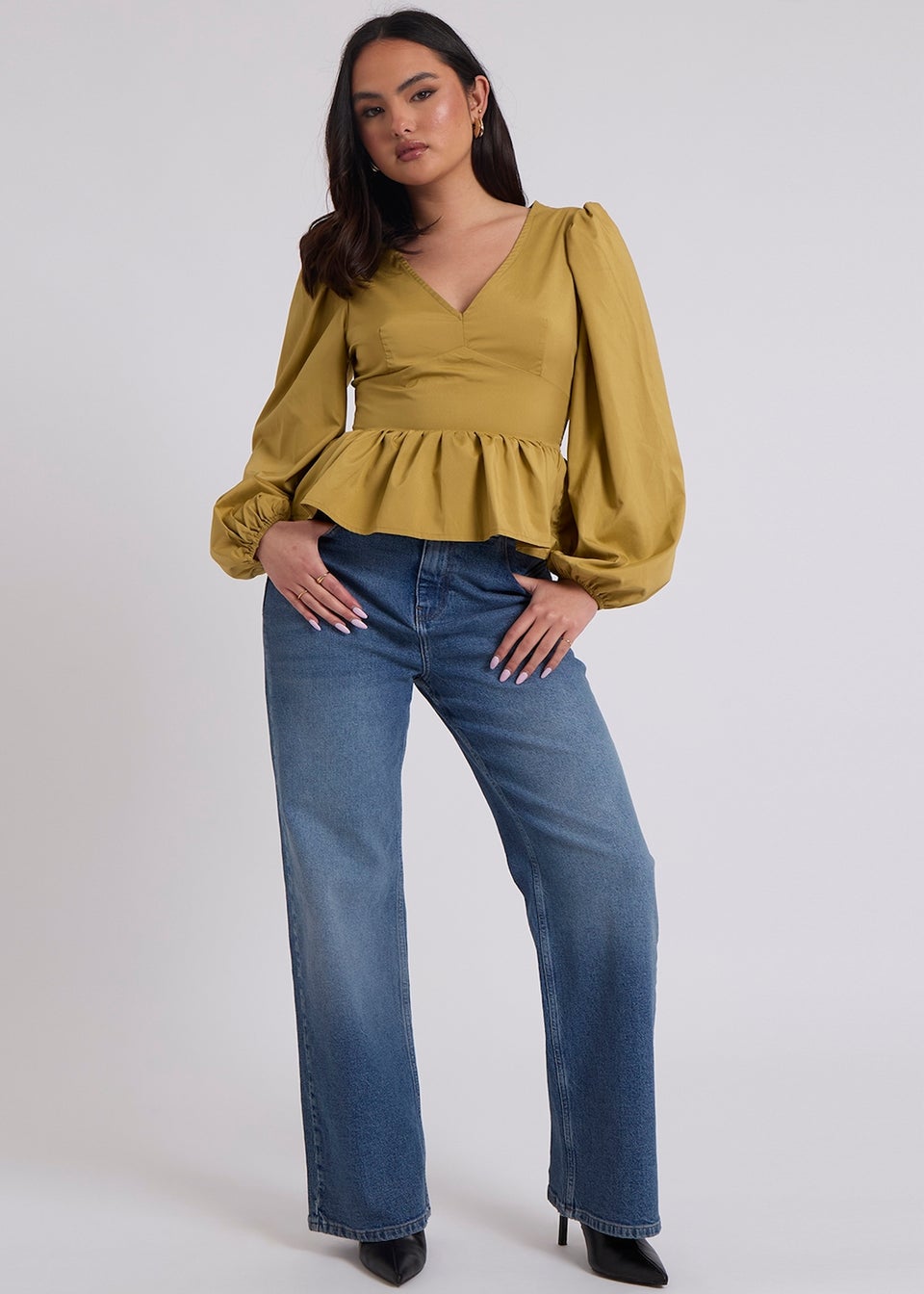 Urban Bliss Olive Puff Sleeve Peplum Top