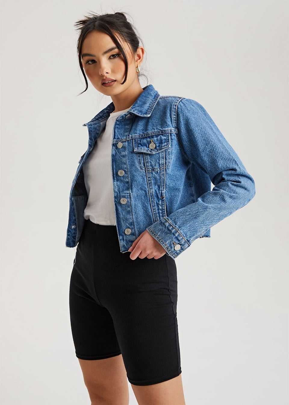 Urban Bliss Mid Blue Raw Hem Denim Jacket