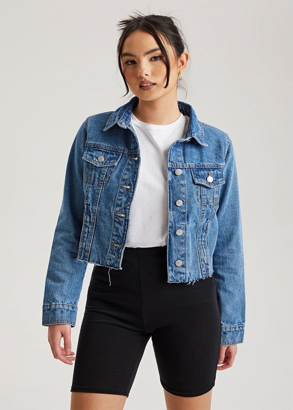 Urban Bliss Mid Blue Raw Hem Denim Jacket