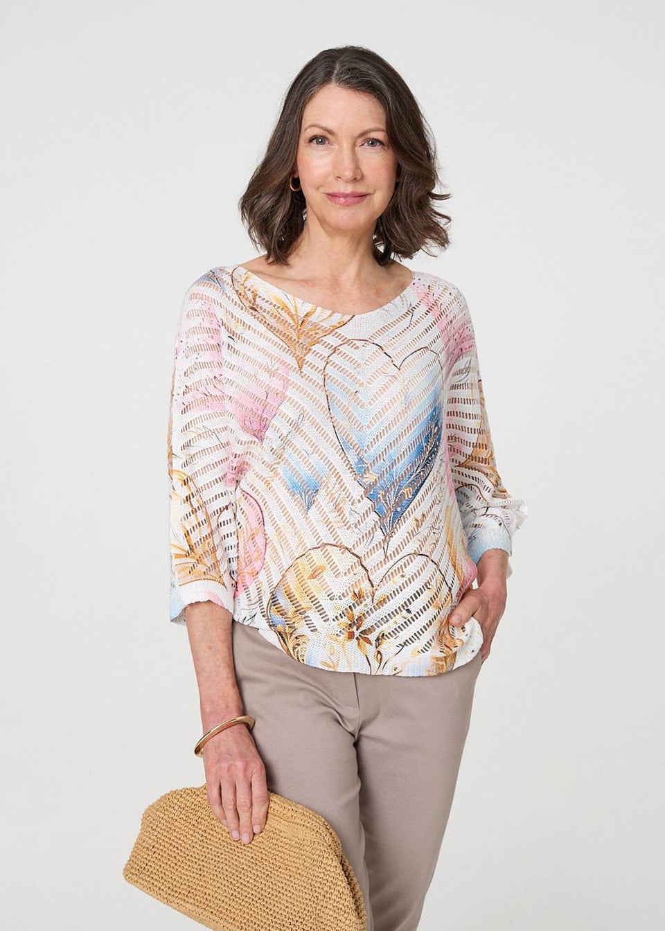 Izabel London Pink Heart Print Open Knit 3/4 Sleeve Top