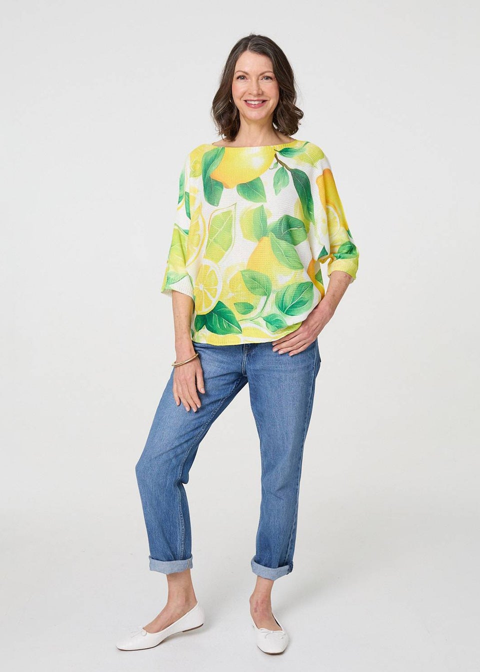 Izabel London Yellow Leaf Print 3/4 Sleeve Knit Texture Top
