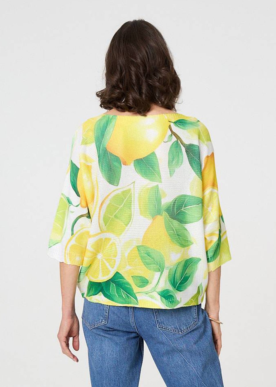 Izabel London Yellow Leaf Print 3/4 Sleeve Knit Texture Top