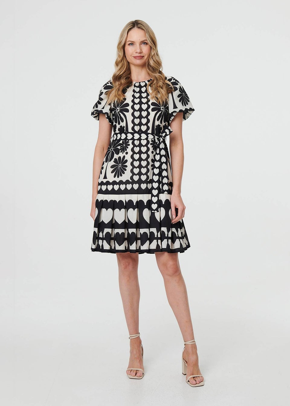 Izabel London Black Heart Print Tie Waist Short Skater Dress