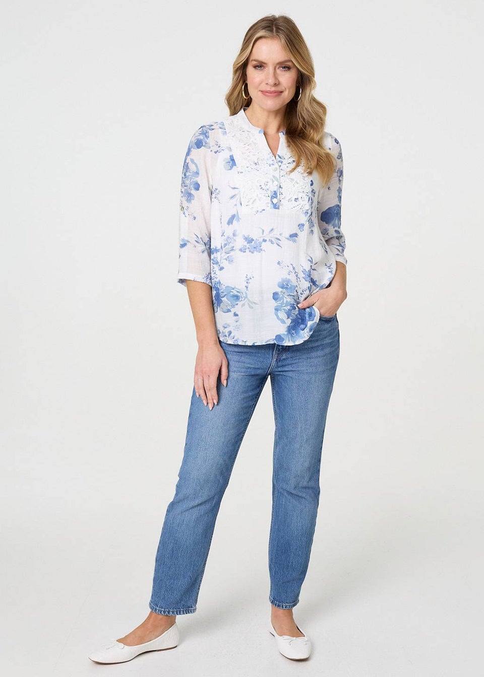 Izabel London Blue Floral 3/4 Sleeve Lace Trim Blouse
