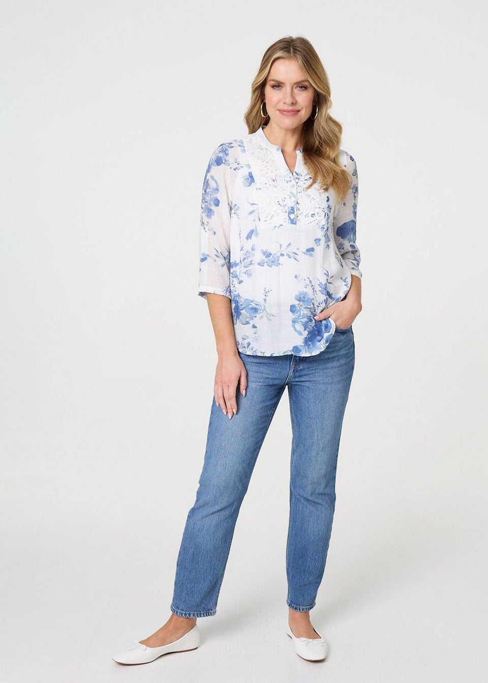 Izabel London Blue Floral 3/4 Sleeve Lace Trim Blouse