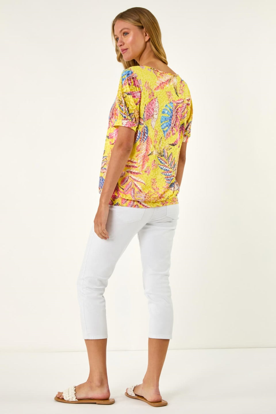 Roman Yellow Floral Print Bubble Hem Tee