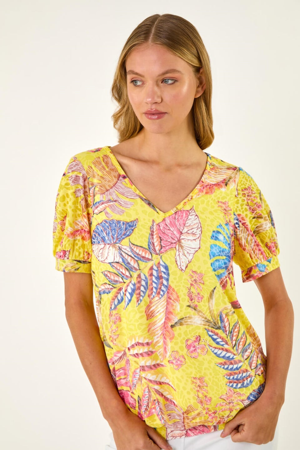 Roman Yellow Floral Print Bubble Hem Tee