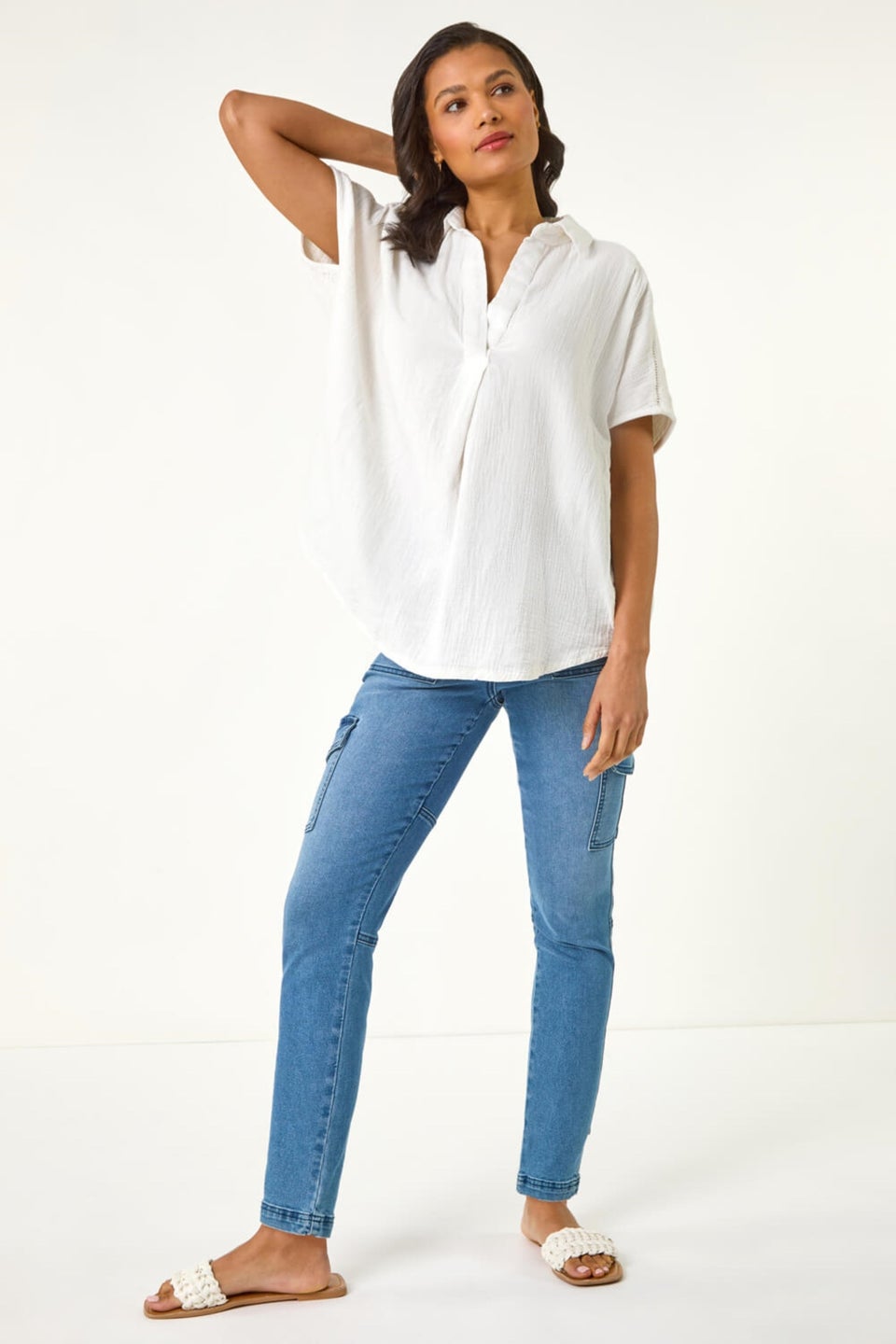 Roman Ivory Collared V Neck Pleated Top