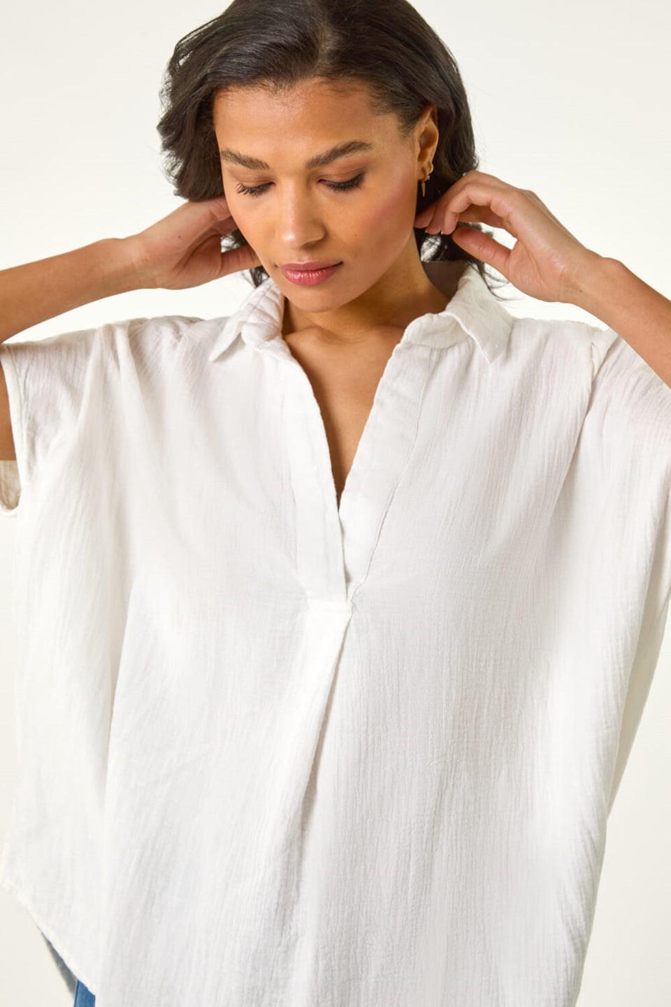 Roman Ivory Collared V Neck Pleated Top