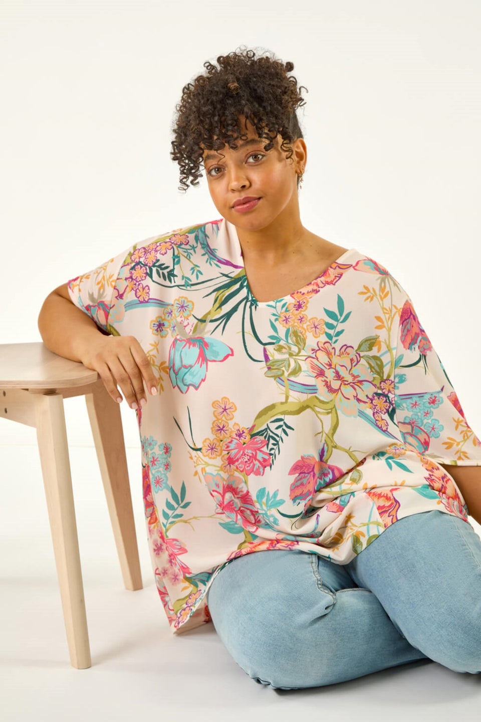 Roman Pink Curve Floral Cocoon Woven Top
