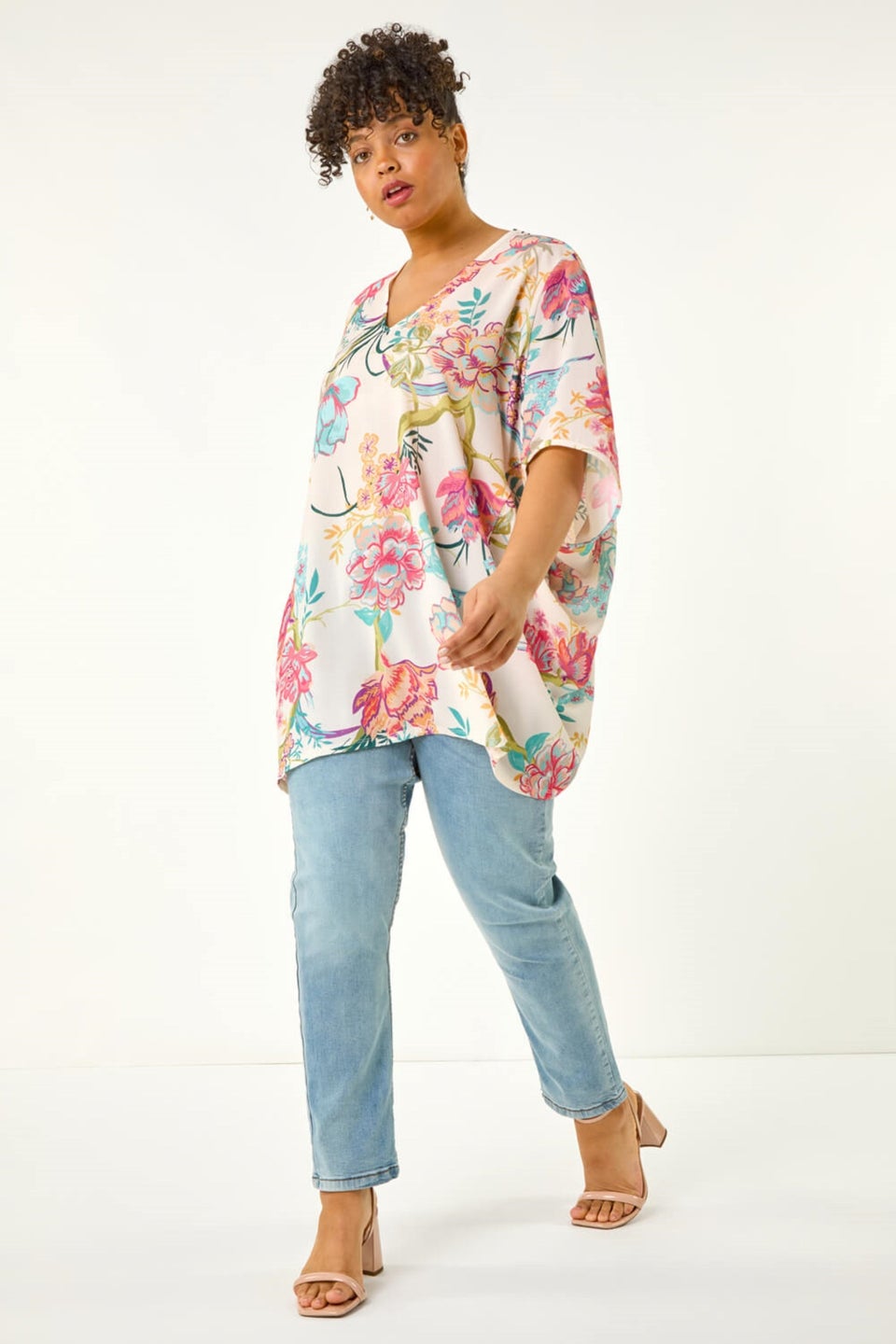Roman Pink Curve Floral Cocoon Woven Top