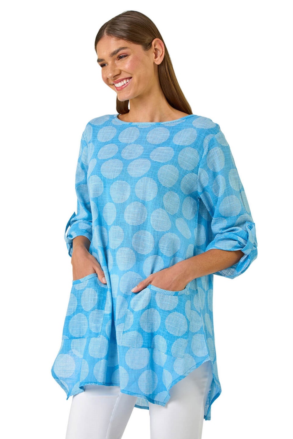 Roman Light Denim Spot Print Longline Tunic Top
