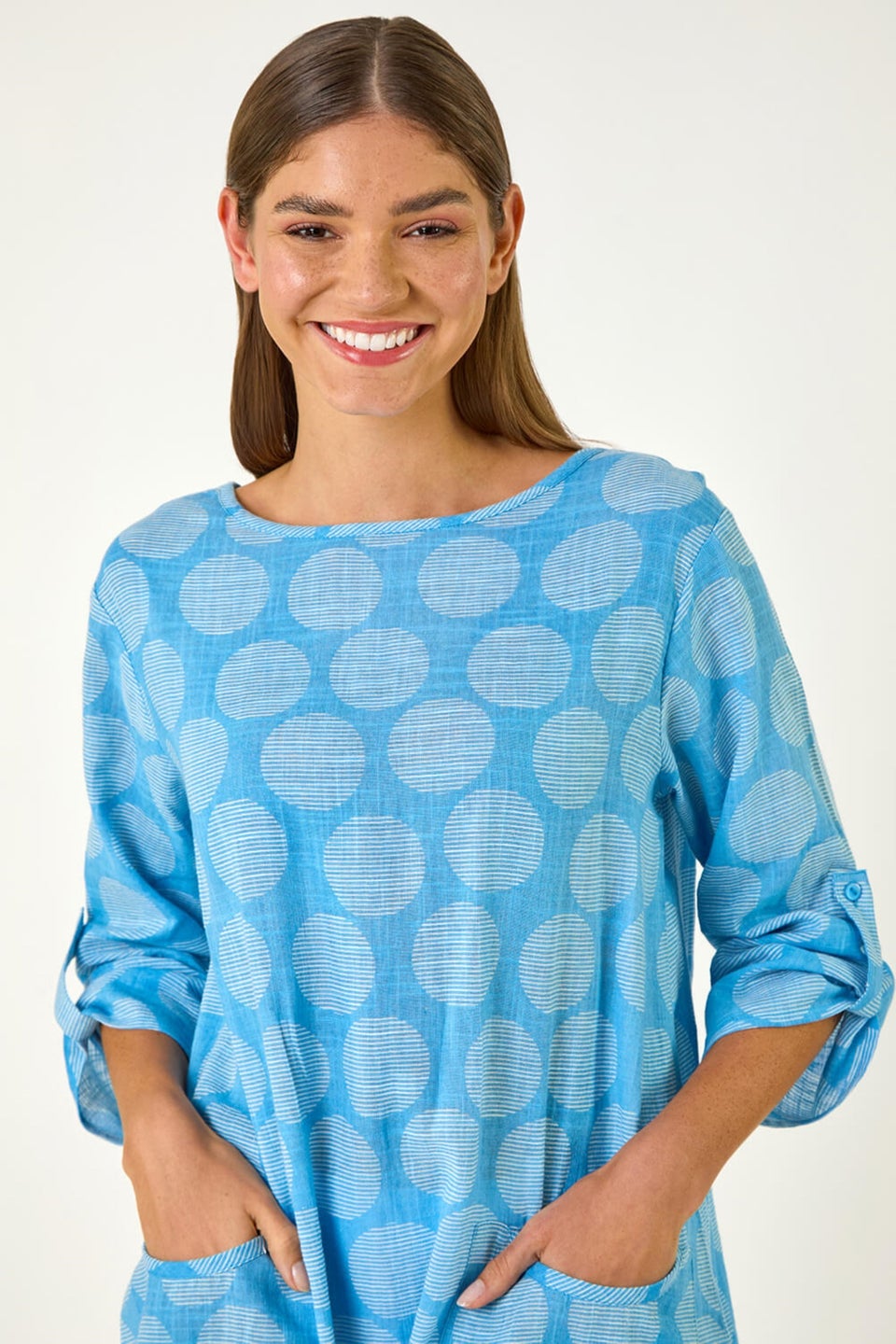 Roman Light Denim Spot Print Longline Tunic Top