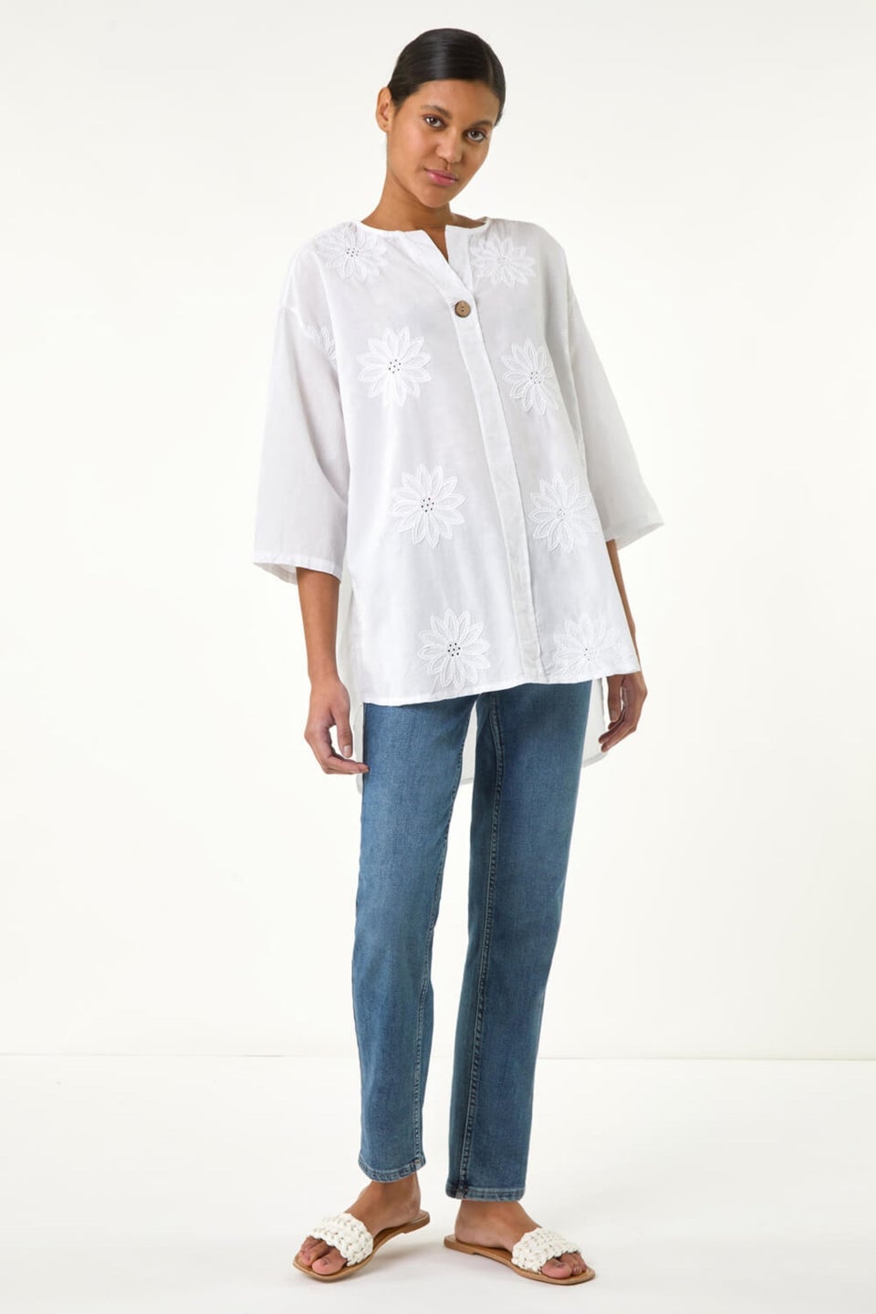 Roman Ivory Cotton Floral Embroidered Tunic Top