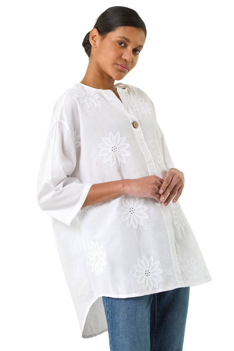 Roman Ivory Cotton Floral Embroidered Tunic Top