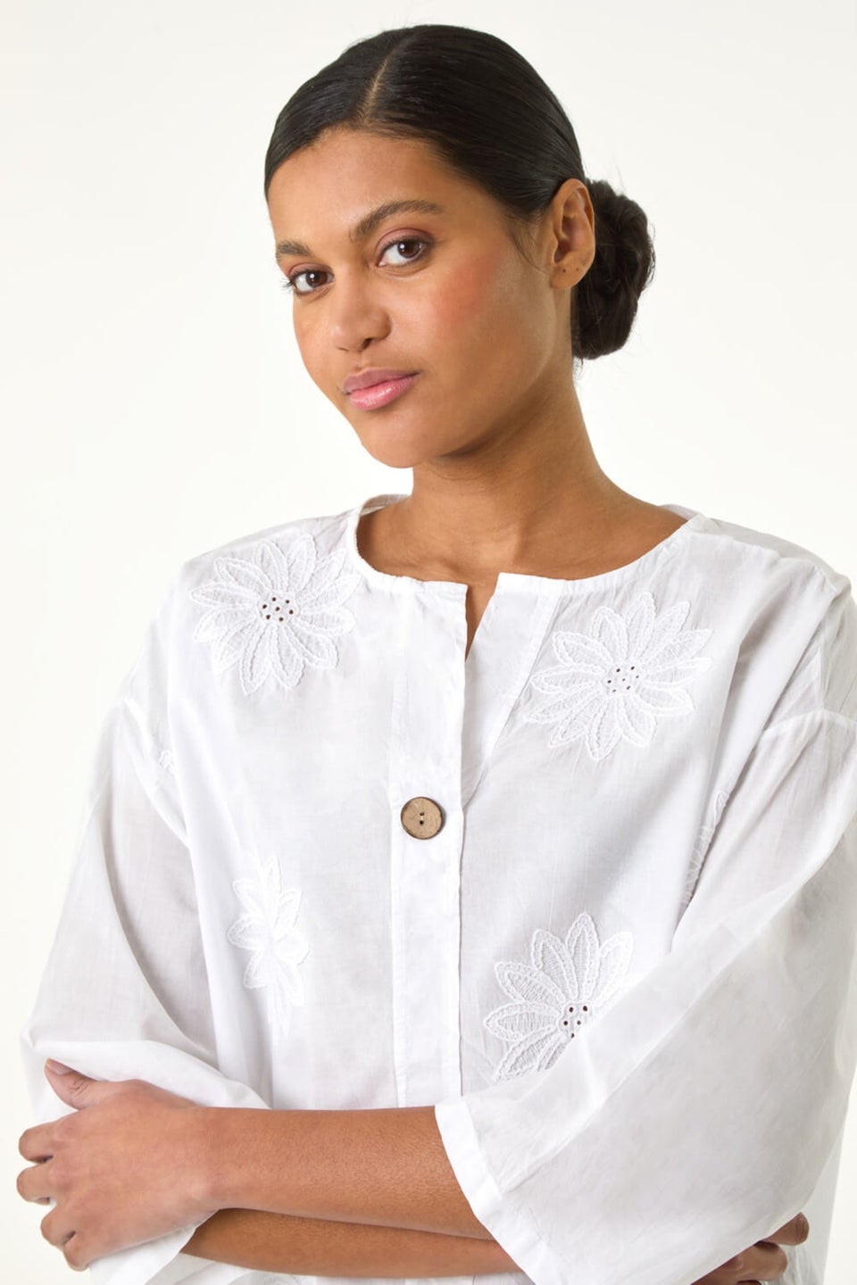 Roman Ivory Cotton Floral Embroidered Tunic Top