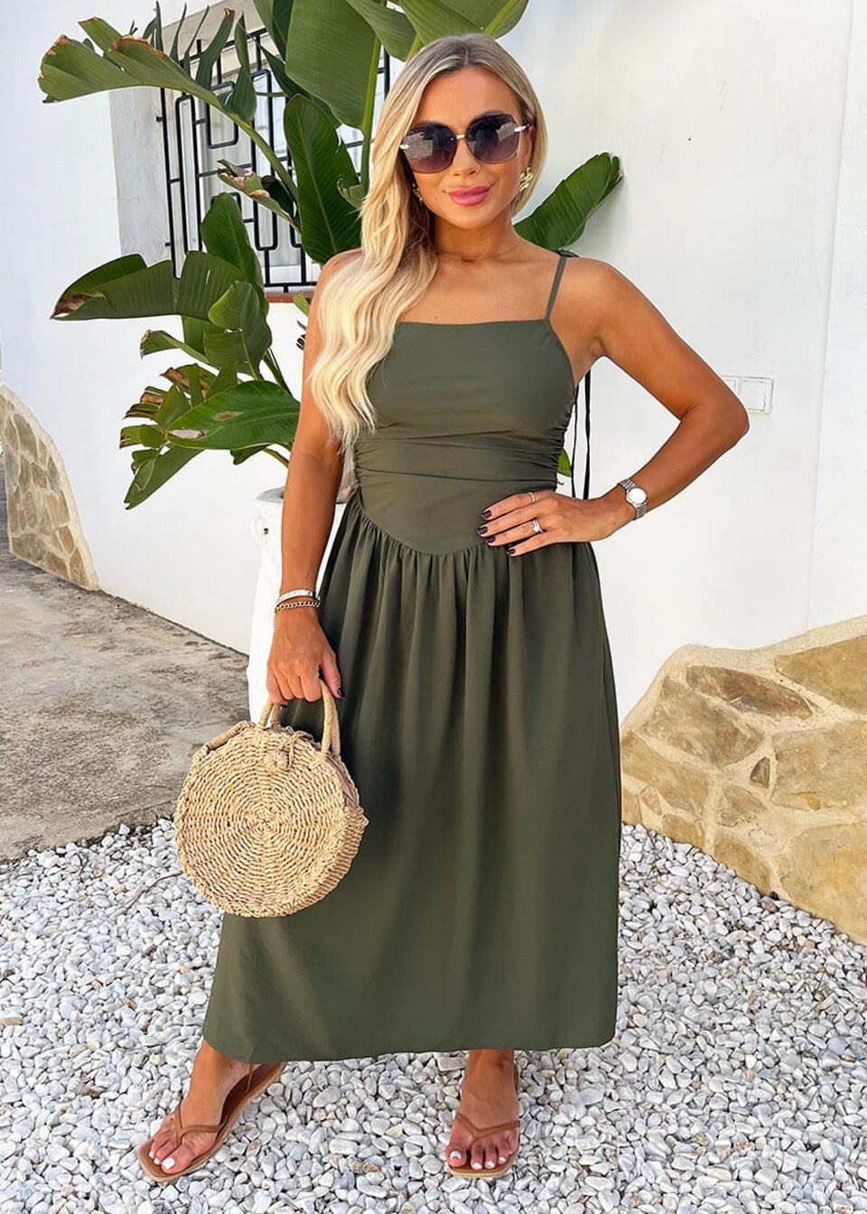 AX Paris Khaki Drawstring Tie Straps Ruched Top Midi Dress