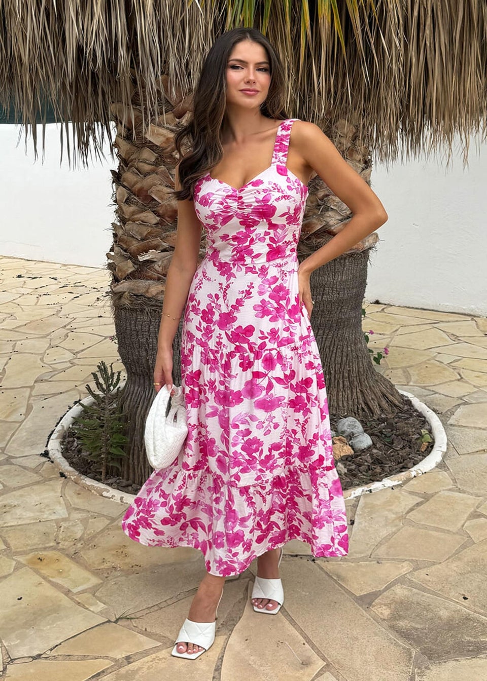 AX Paris Pink Floral Print Shirred Straps Tiered Midi Dress