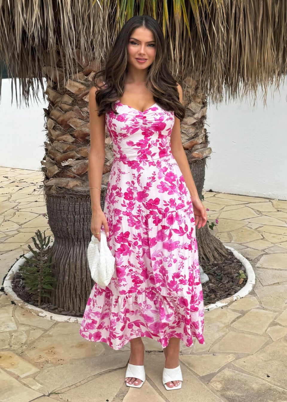AX Paris Pink Floral Print Shirred Straps Tiered Midi Dress