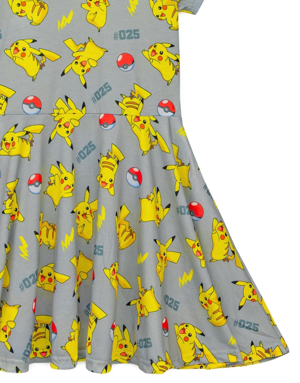 Pokemon Pikachu Grey Kids Short Sleeved Skater Dress (5-14 Years)