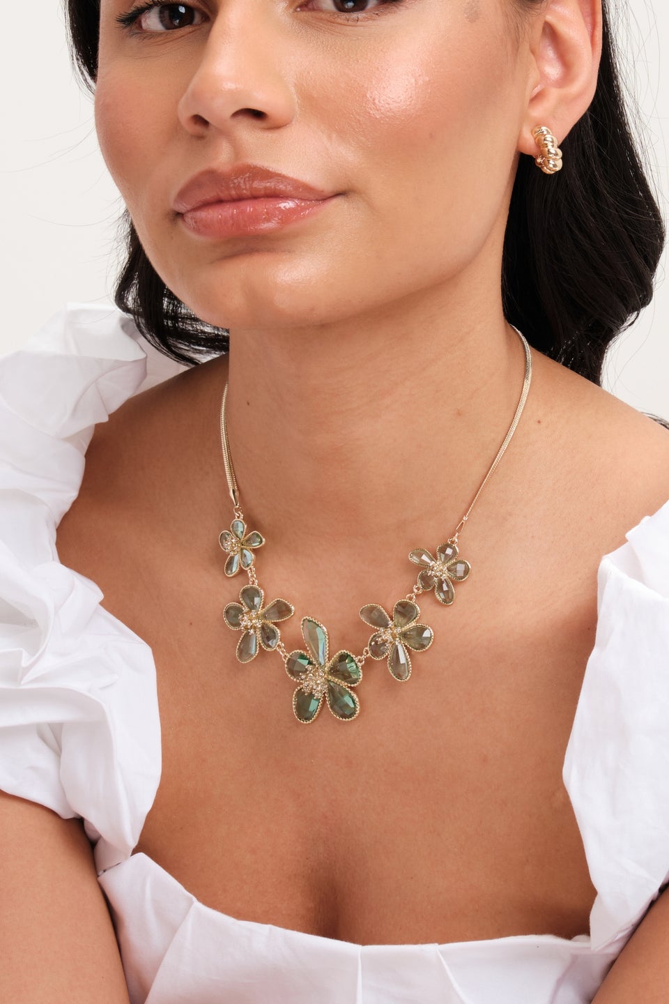 Mood Gold Crystal & Green Glass Flower Necklace