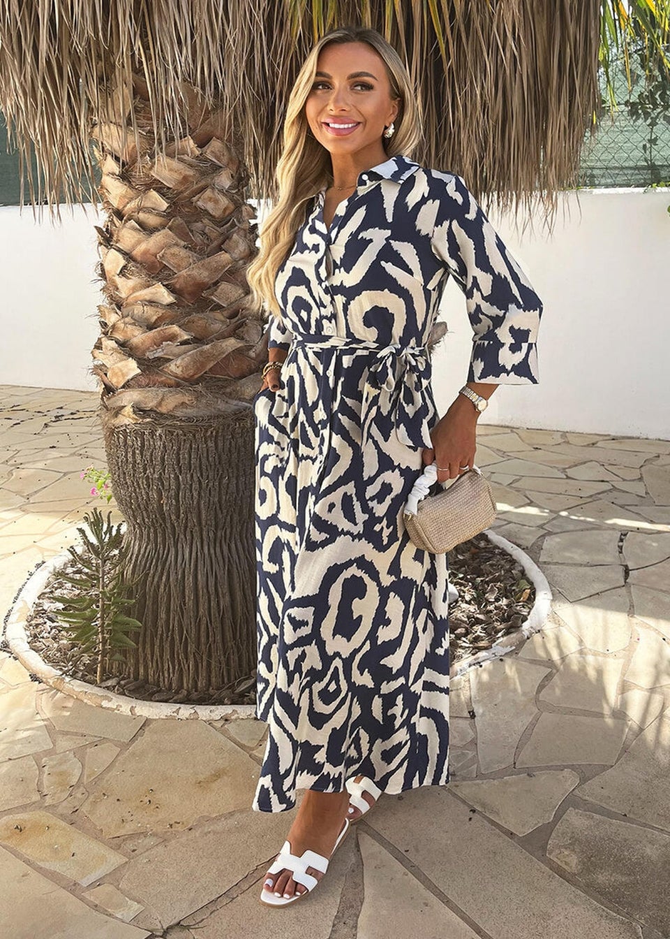 AX Paris Navy & Cream Abstract Print 3/4 Sleeve Tie Waist Shirt Midi Dress