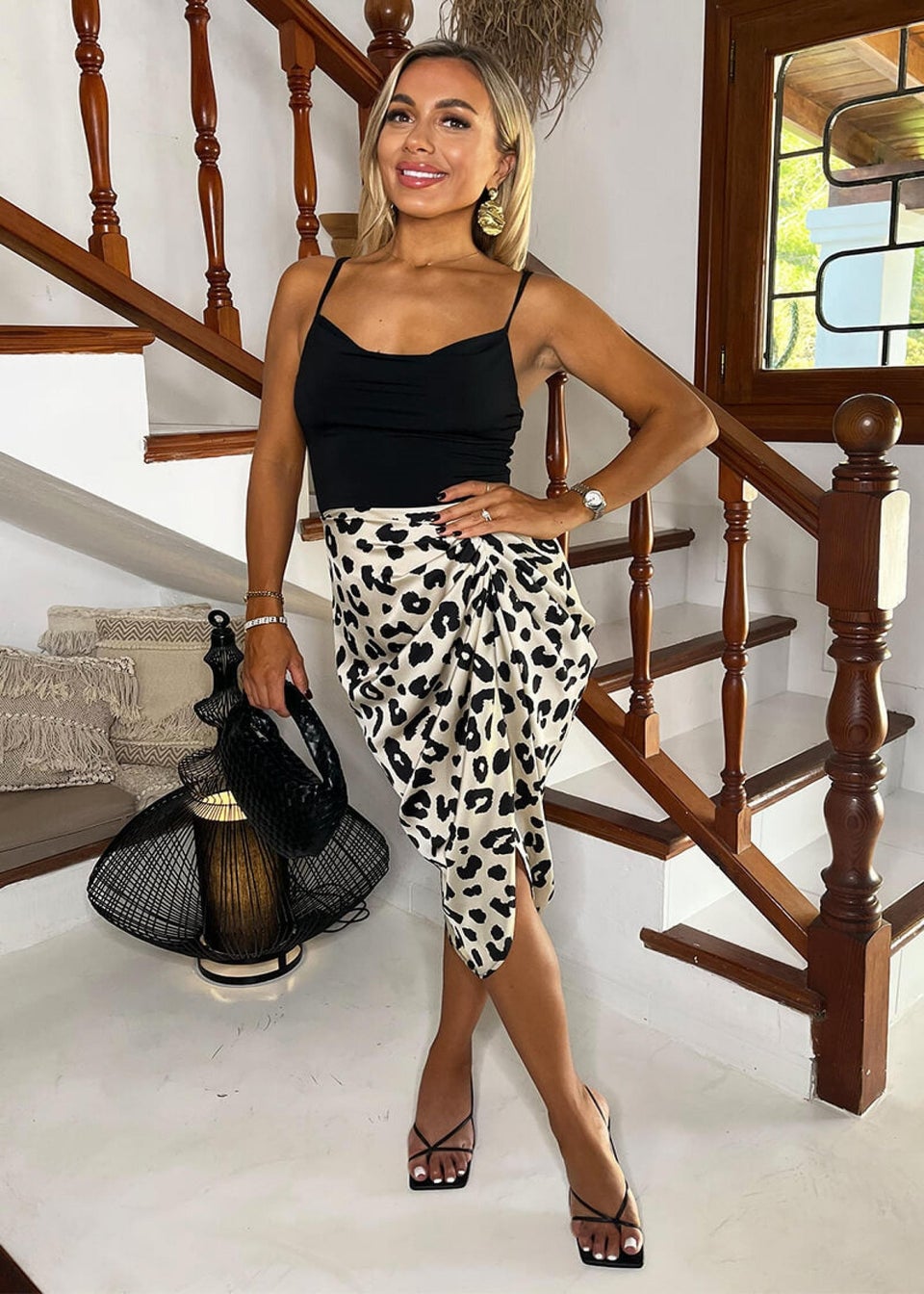 AX Paris Multi Black & Cream Leopard Print 2 In 1 Strappy Cowl Neck Gathered Midi Dress