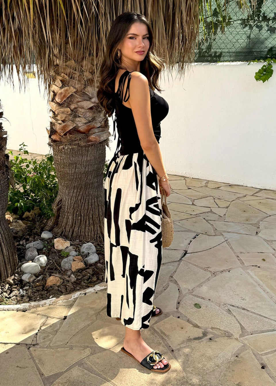 AX Paris Mutli Abstract Print 2 in 1 Ruched Side Tie Straps Midi Dress