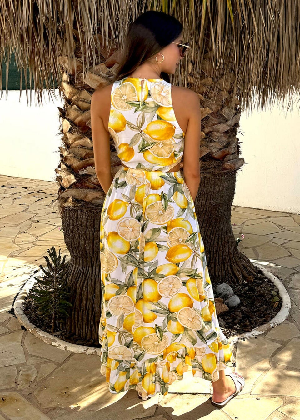 AX Paris Yellow Lemon Print Waist Cut Out Frill Hem Midi Dress