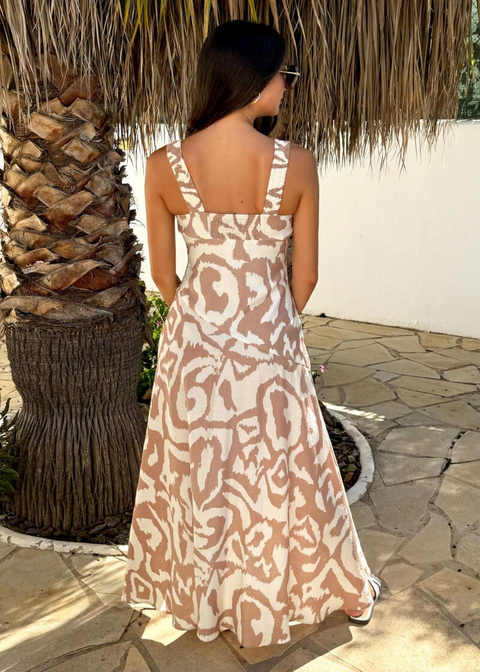 AX Paris Beige Abstract Print Shirred Straps Button Detail Midi Dress