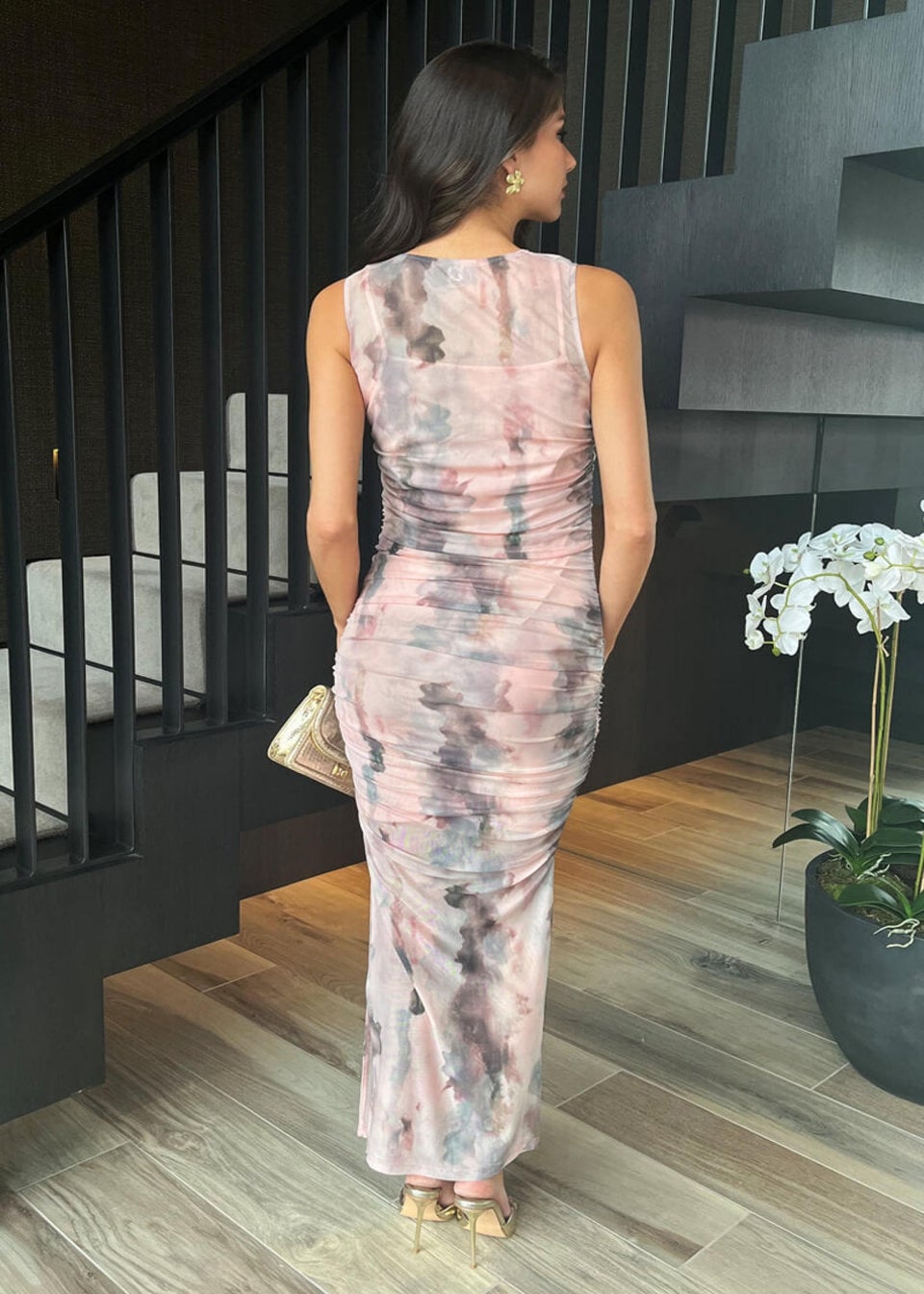 AX Paris Blush Marble Print Mesh Overlay Bodycon Midi Dress