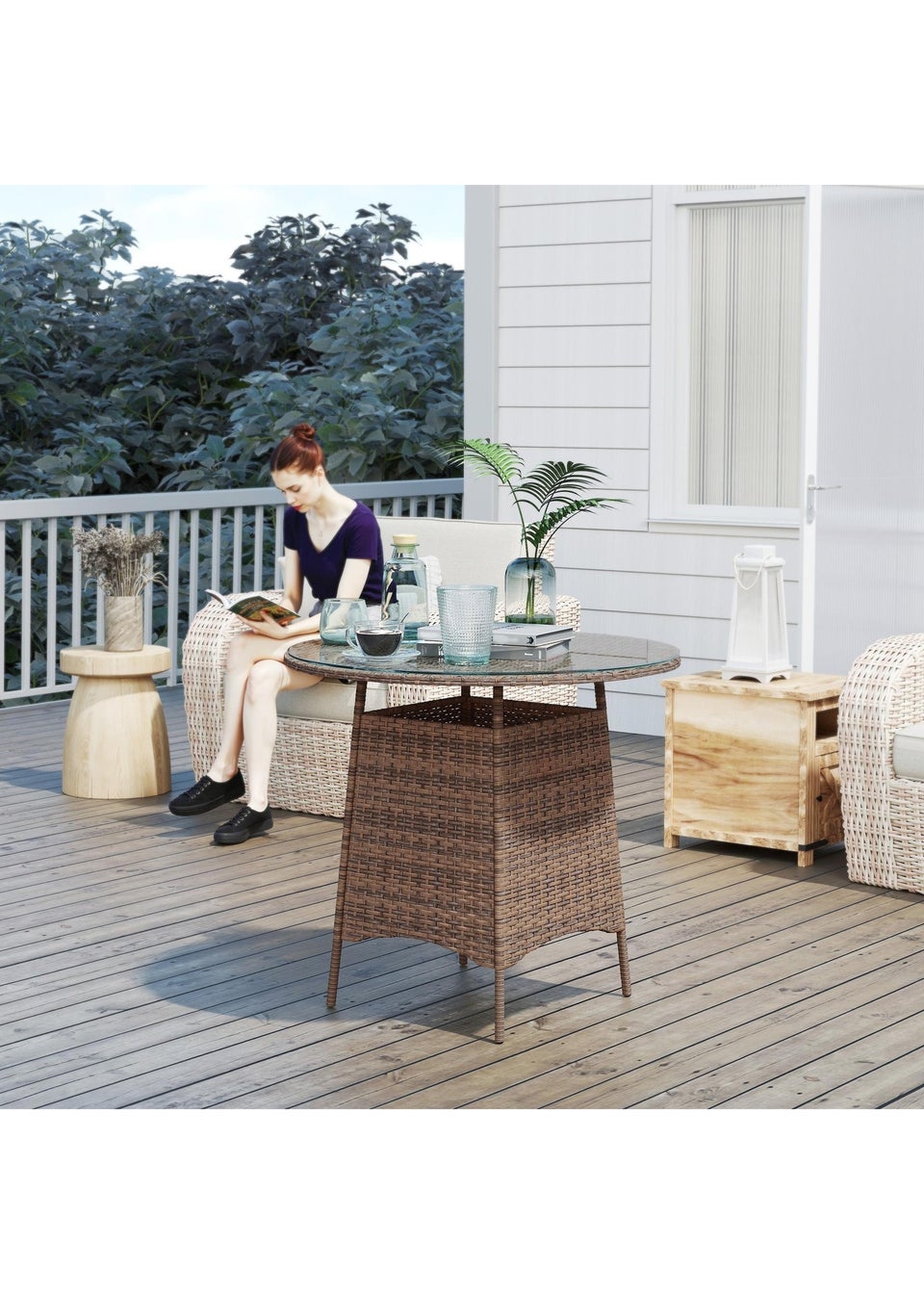 Outsunny Patio Furniture Rattan Garden Table with Umbrella Hole