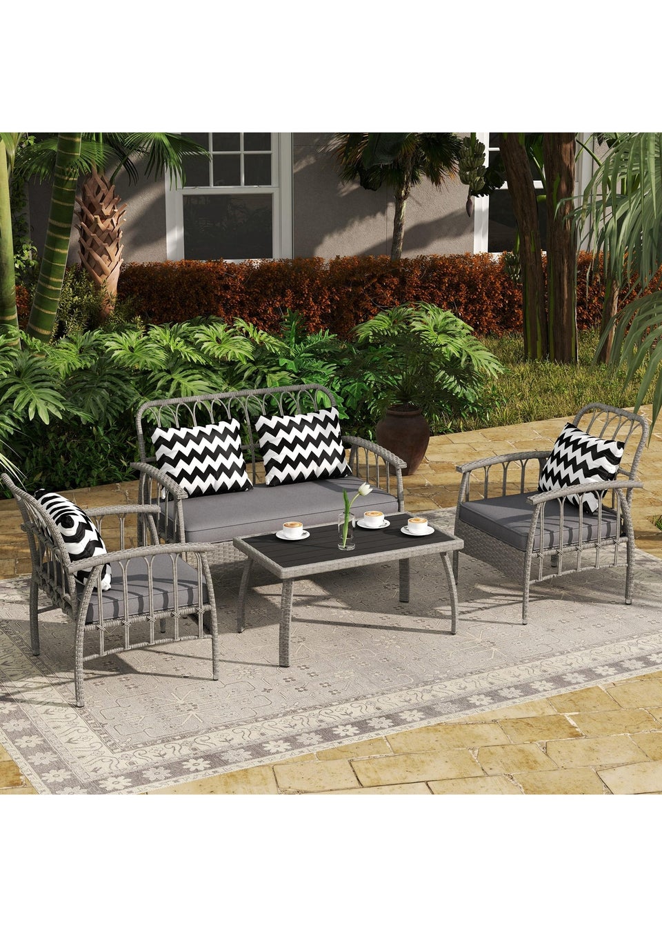 Outsunny 4 Piece Rattan Garden Furniture Set with Adjustable Back Grey