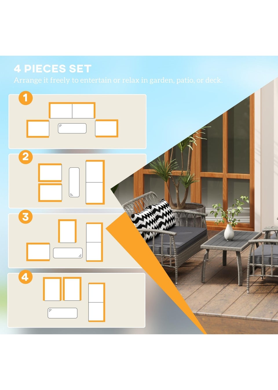 Outsunny 4 Piece Rattan Garden Furniture Set with Adjustable Back Grey
