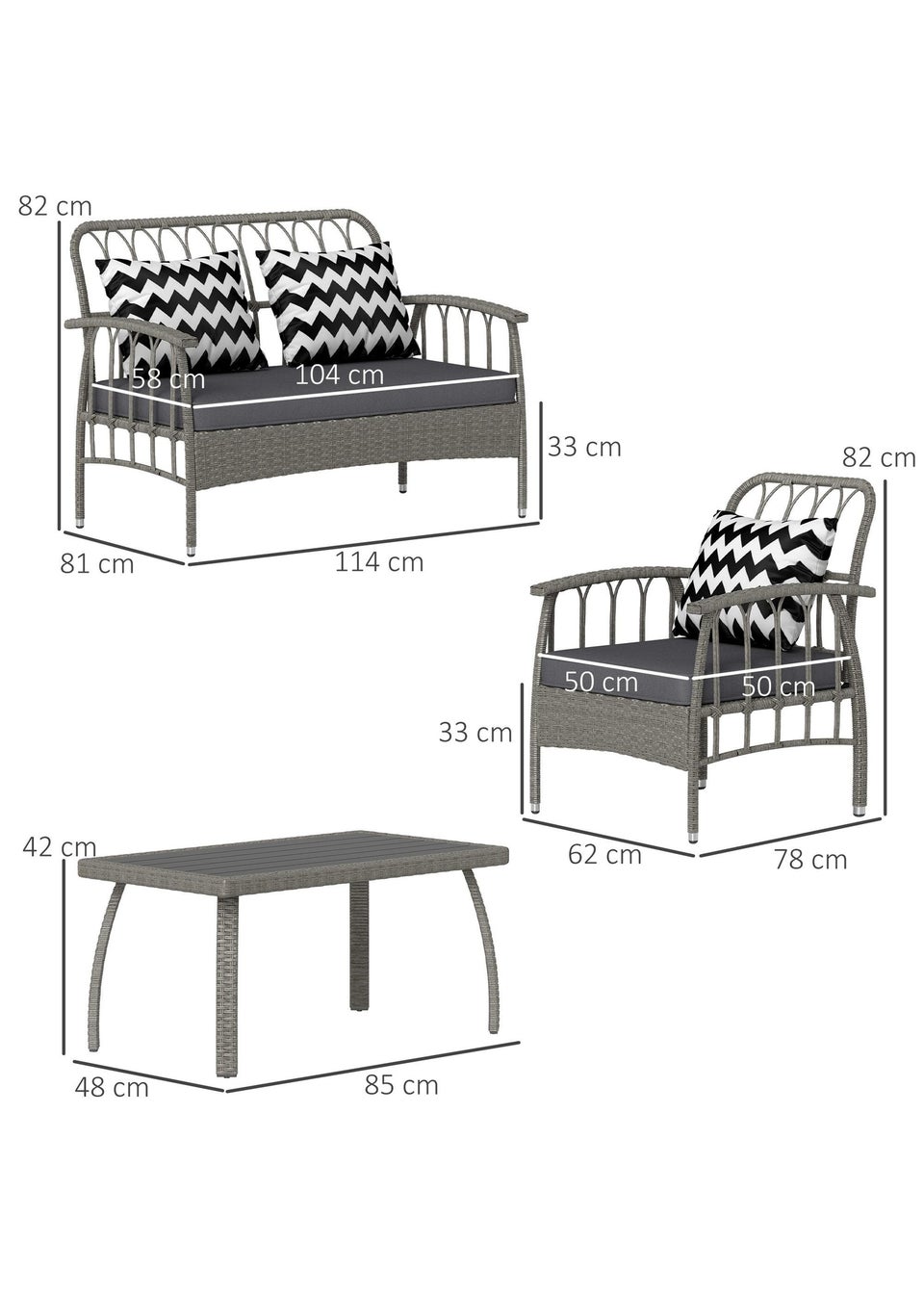 Outsunny 4 Piece Rattan Garden Furniture Set with Adjustable Back Grey
