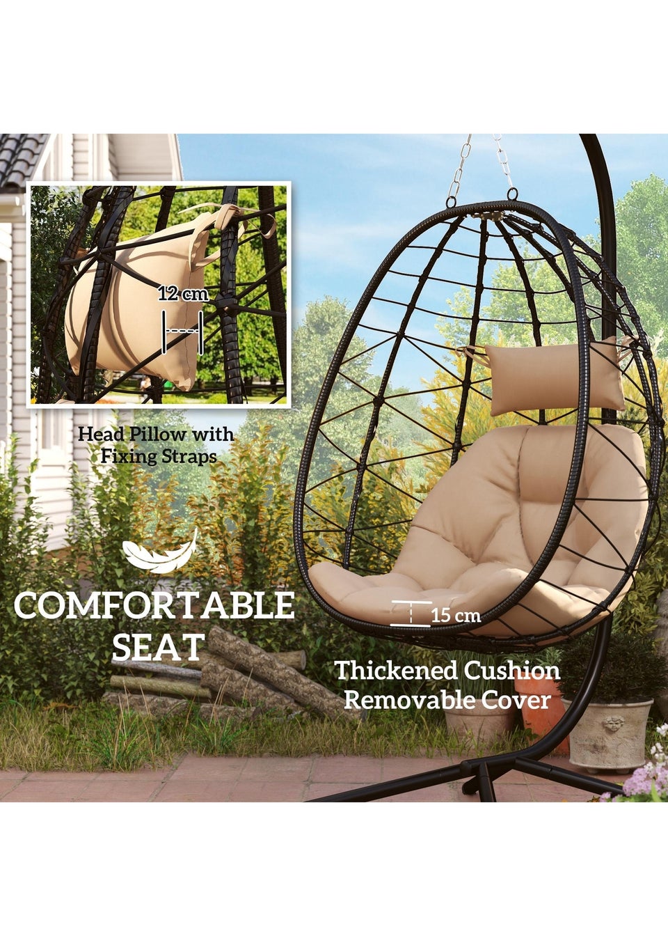Outsunny Garden Egg Chair Outdoor Hanging Swing Chair Folding Basket
