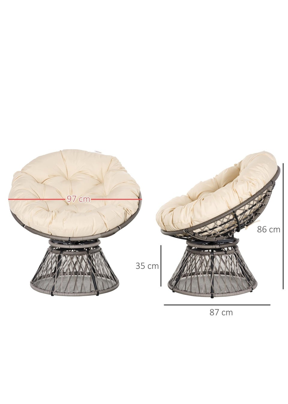Outsunny Swivel Rattan Papasan Moon Bowl Chair Round Outdoor with Padded