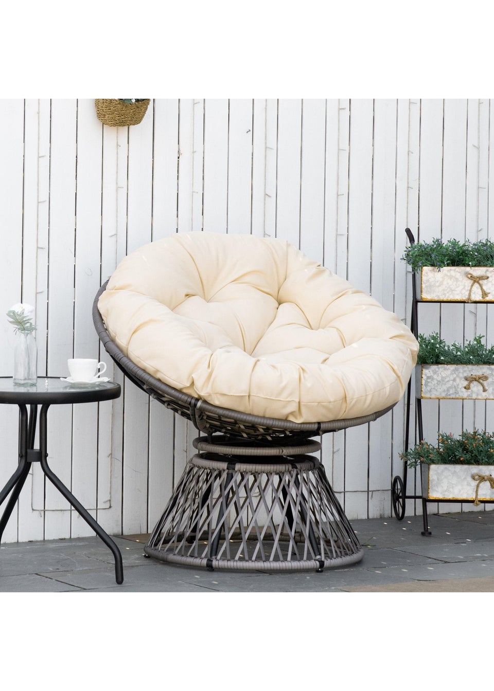 Outsunny Swivel Rattan Papasan Moon Bowl Chair Round Outdoor with Padded