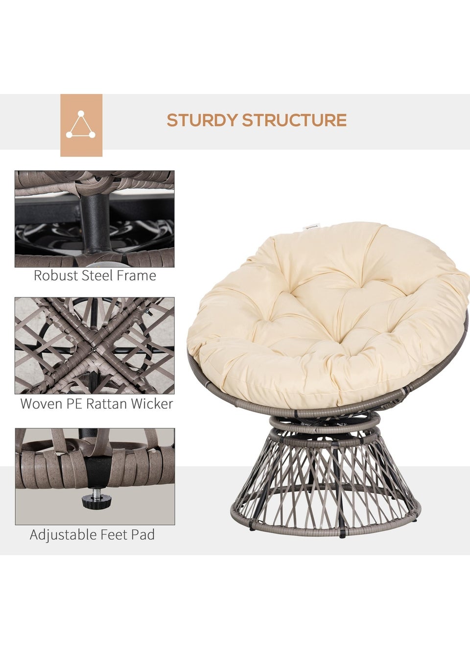 Outsunny Swivel Rattan Papasan Moon Bowl Chair Round Outdoor with Padded