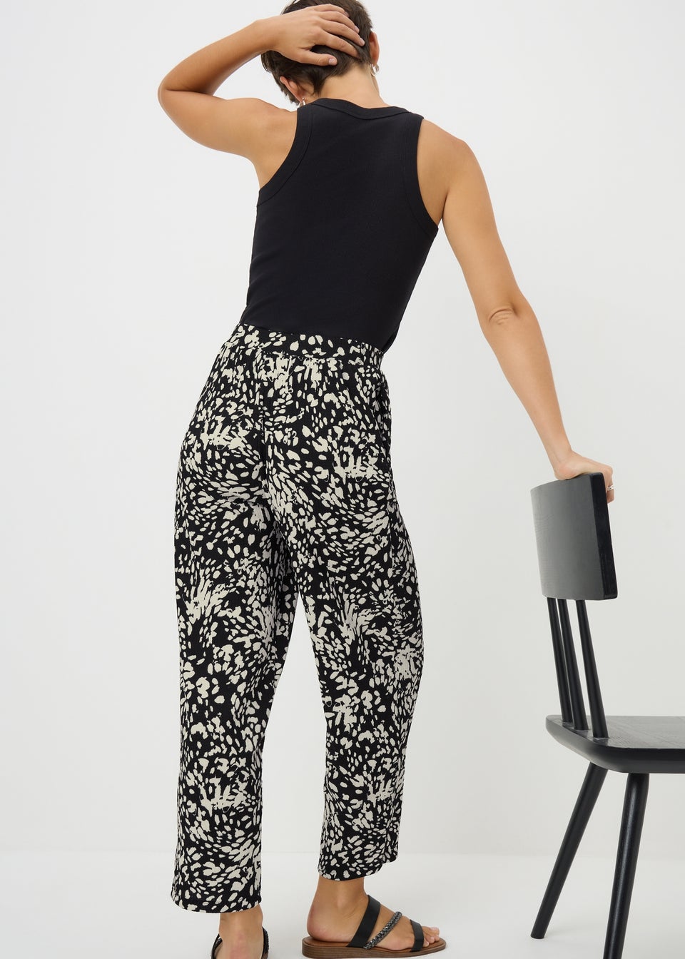 Black Mono Print Straight Leg Trousers