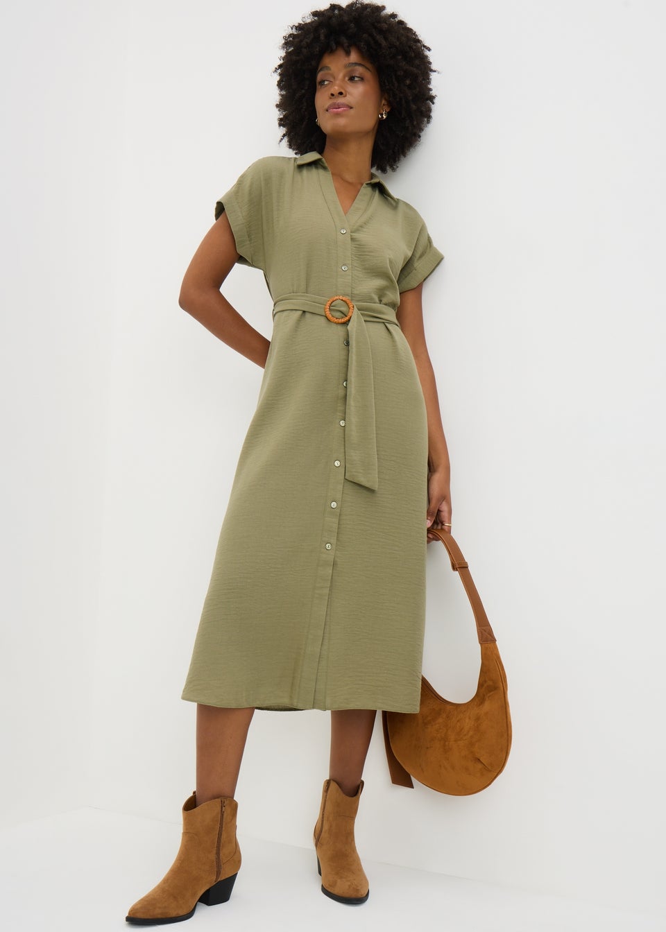 Women's Khaki Shirt Buckle Dress