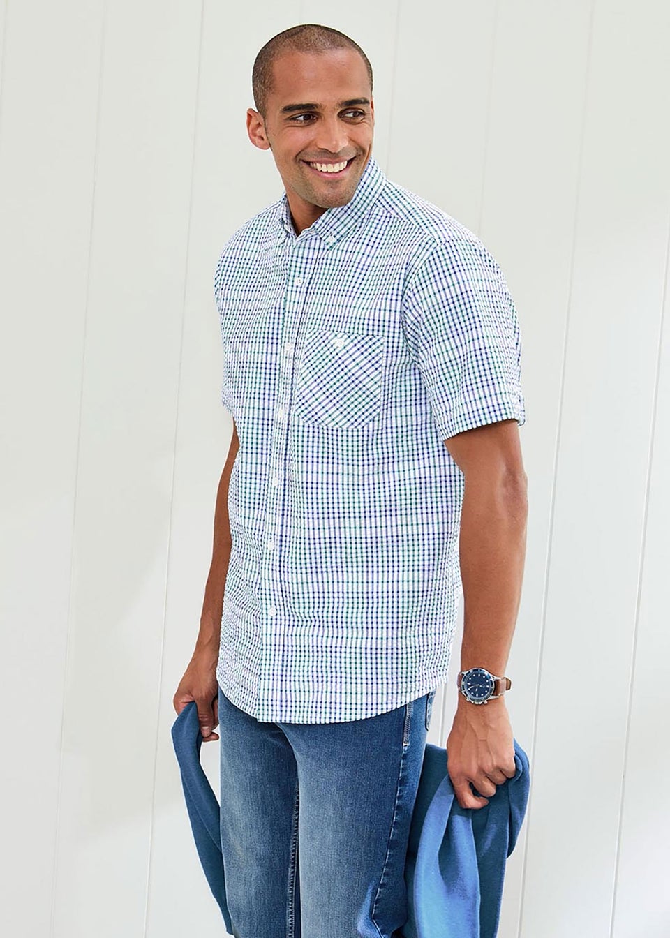 Cotton Traders Colbalt Check Seersucker Shirt