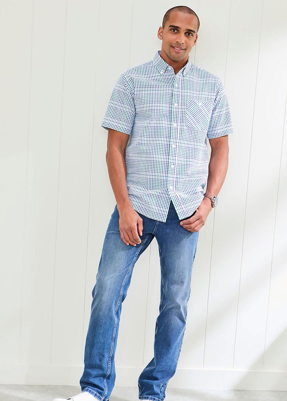Cotton Traders Colbalt Check Seersucker Shirt