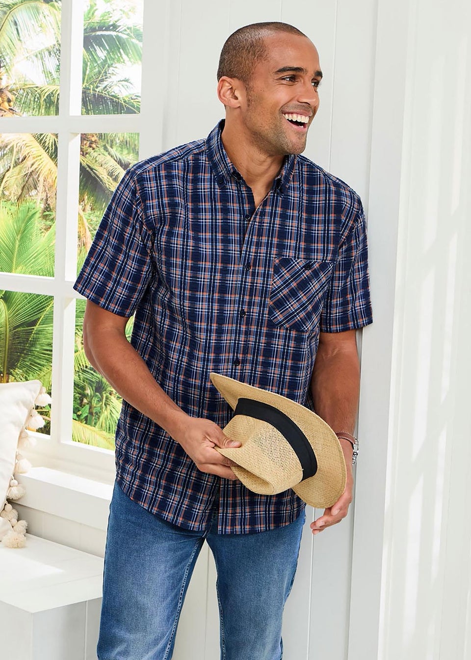 Cotton Traders Pastel Blue Check Seersucker Shirt